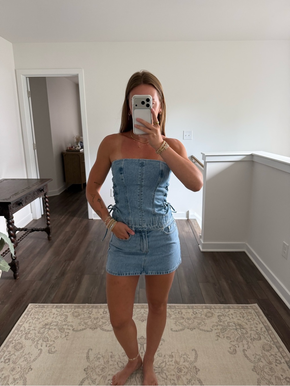 Meshki Light Blue Denim Strapless Crop Top
